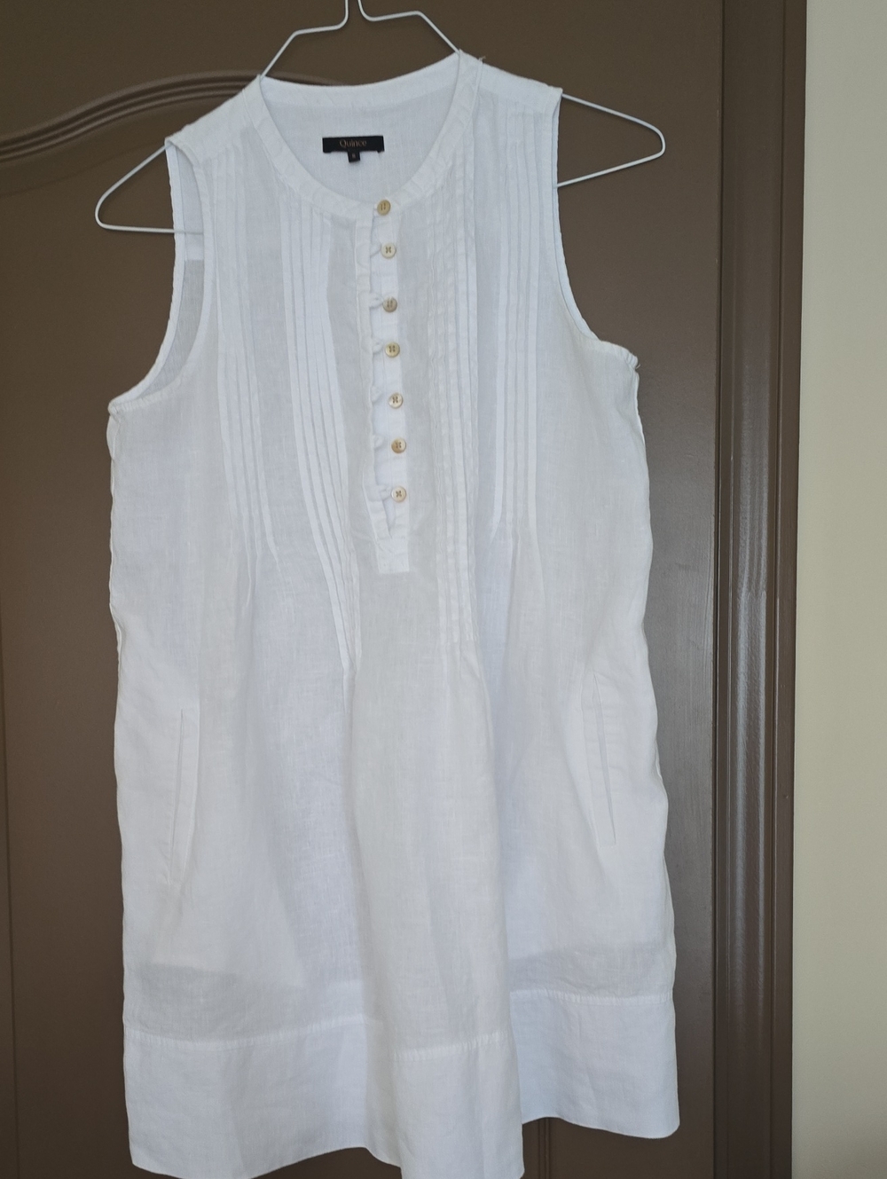 Quince White Linen Sleeveless Pintuck Button Front Mini Dress
